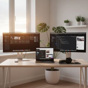 Modern workspace with dual monitors setup.