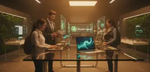 People comparing refurbished laptops on display in a modern electronics store