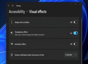 Windows 11 visual effects settings with animation and transparency toggles