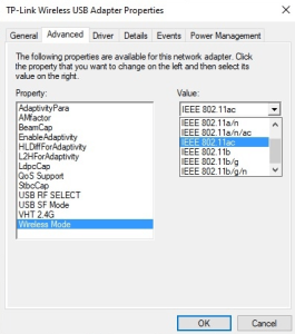 Screenshot of WiFi adapter Properties → Advanced tab showing Wireless Mode property and value dropdown