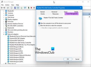 Screenshot of WiFi adapter Properties → Power Management tab with the checkbox unchecked