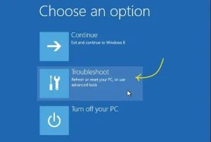 Screenshot of the Windows Recovery Environment blue screen showing "Choose an option" with Troubleshoot visible