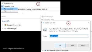 Screenshot of Task Manager → File → Run new task → with explorer.exe typed in the box