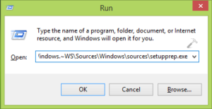 screenshot of the Run dialog box (Windows + R) with the setupprep.exe command typed in.