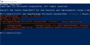 PowerShell admin window running the Get-AppxPackage command