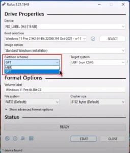 Rufus showing the Partition scheme dropdown with GPT and MBR options visible
