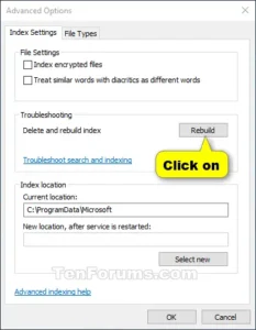 Indexing Options window with the Rebuild button highlighted